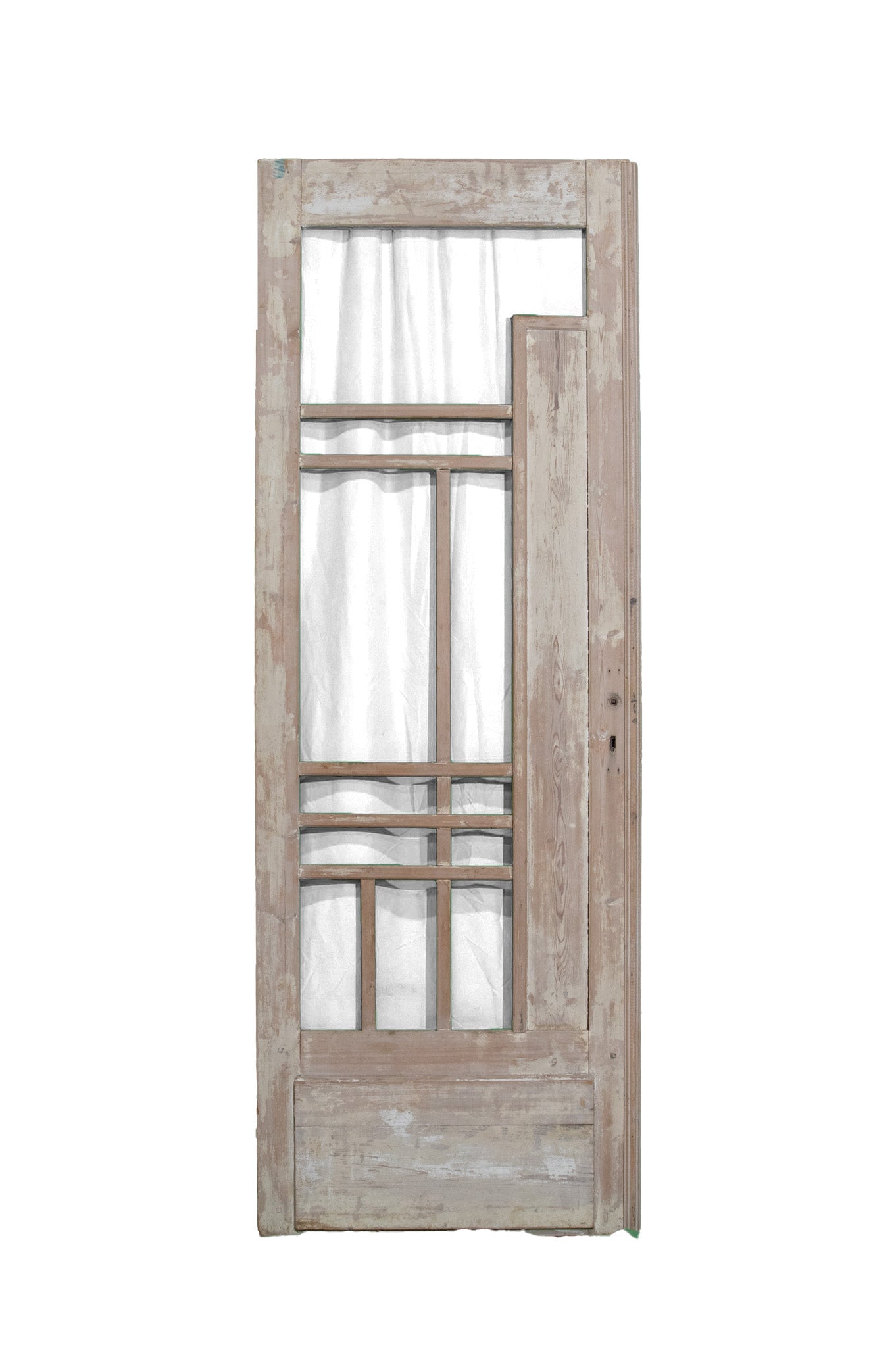Old wooden door with multiple glass panes, featuring a solid wood bottom and a traditional design.